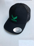 Limited edition green logo snapback hat with curved peak in 3 different styles. Design by Kodish.