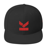 Yupoong snapback hat in black with flat peak and red front and side embroidered logo's. Design by Kodish