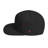 Kodish snapback hat with flat peak and black on black embroidered logo with red side logo by Yupoong.