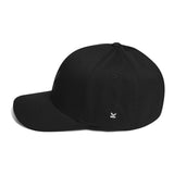 Kodish Flexi fit hat in black  with curved visor and embroidered black logo with white side logo.