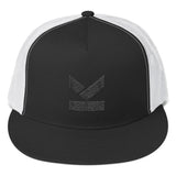 Kodish snap back hat in black/white with a  flat peak and black on black logo,by Yupoong