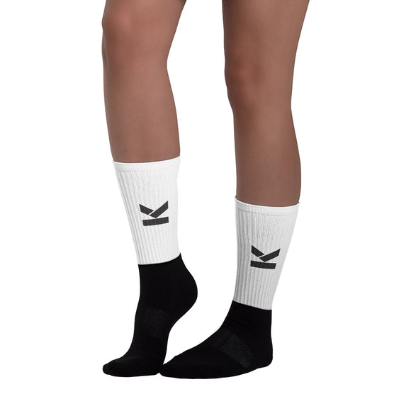 K socks white with black logo unisex.