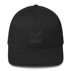 Kodish Flexi fit hat in black  with curved visor and embroidered black logo with white side logo.